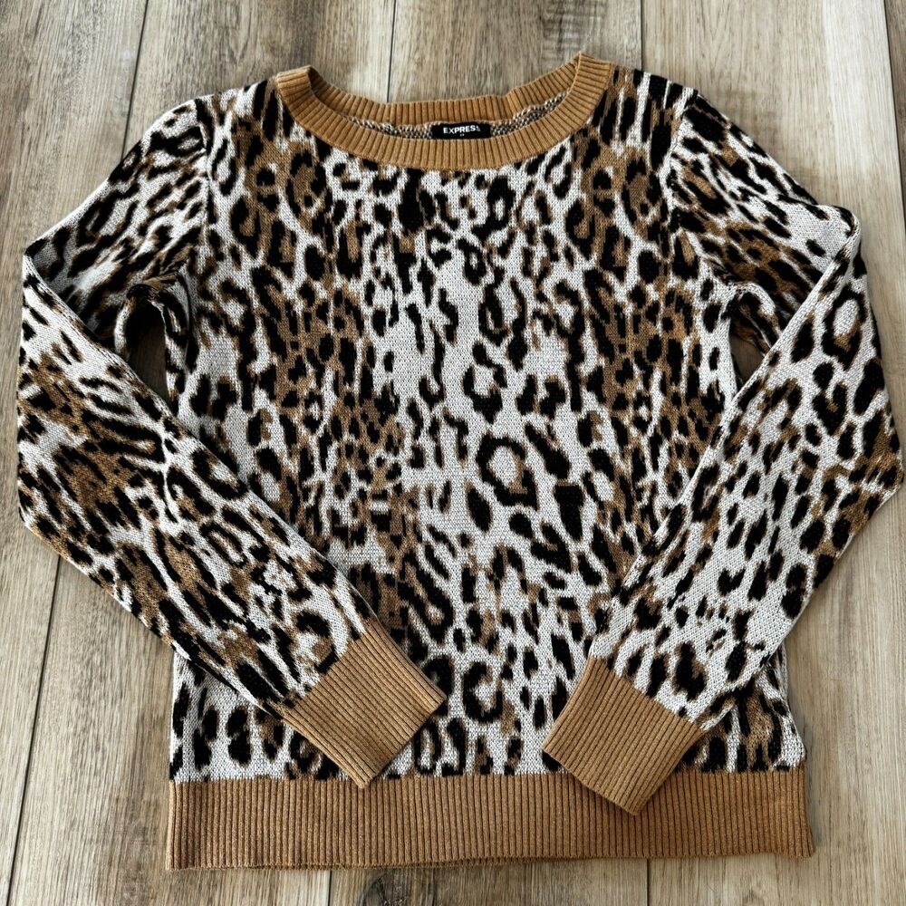 Express Women's XS Fitted Crewneck Sweater Leopard Print Soft Stretchy Tan Black